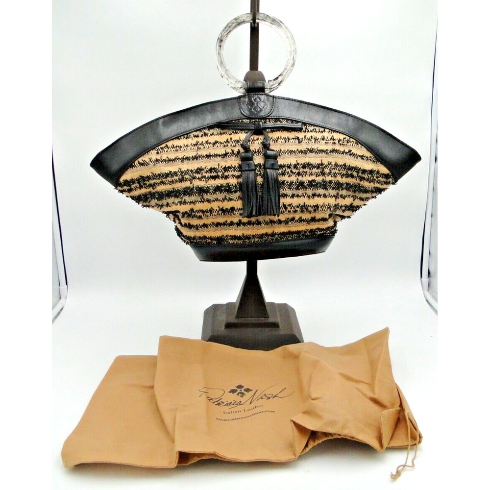Patricia Nash Mandia Ebbe Woven Straw Leather Trim Large Satchel Lucite Ring Bag